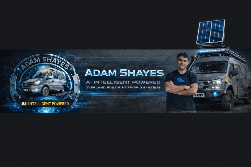 Promotional banner featuring a man standing in front of a van equipped with solar panels, showcasing the brand 'Adam Shayes' and highlighting 'AI Intelligent Powered Overland Builds & Off-Grid Systems'.